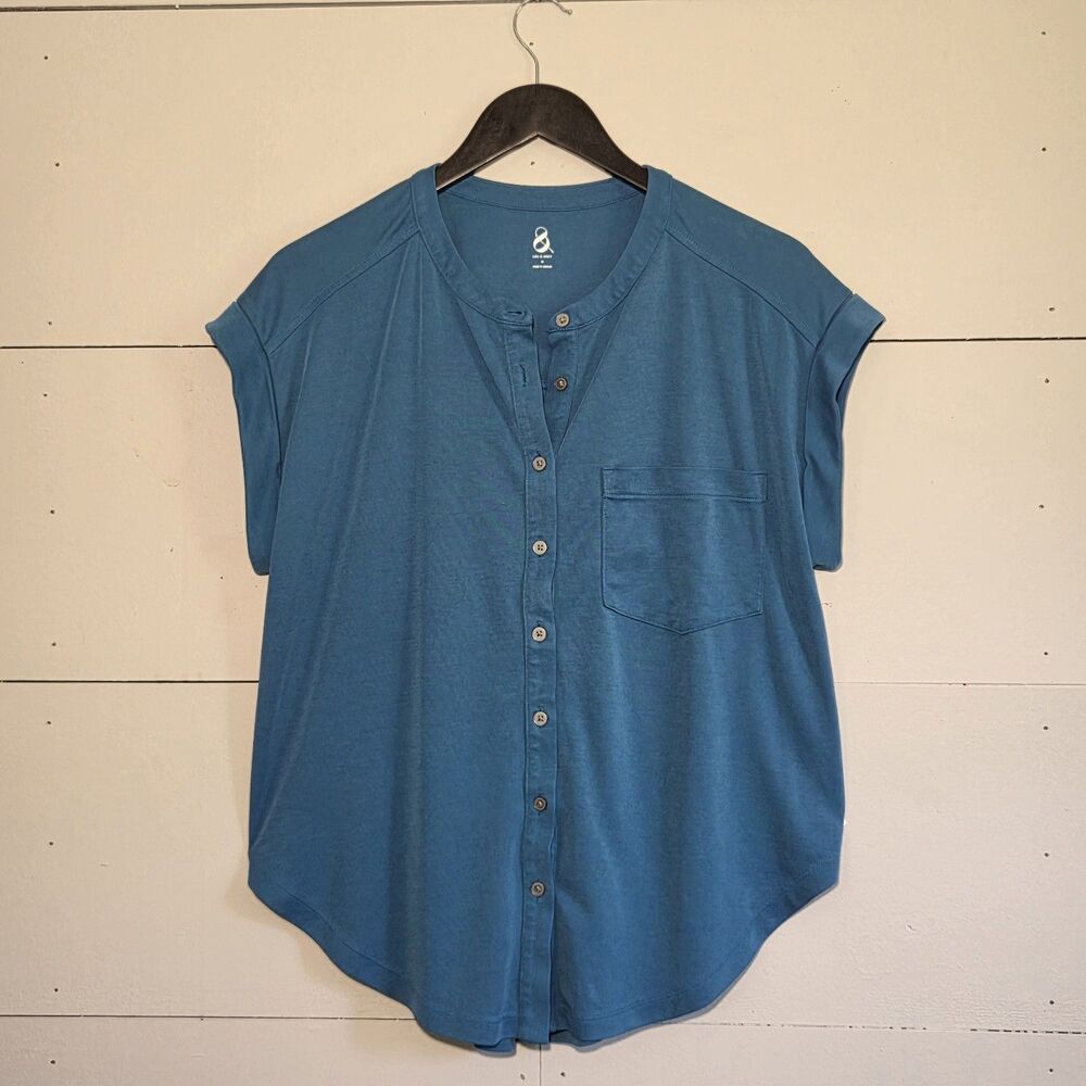 Lou & Grey Blue Knit Cap Sleeve Button Front Blouse Women Size M